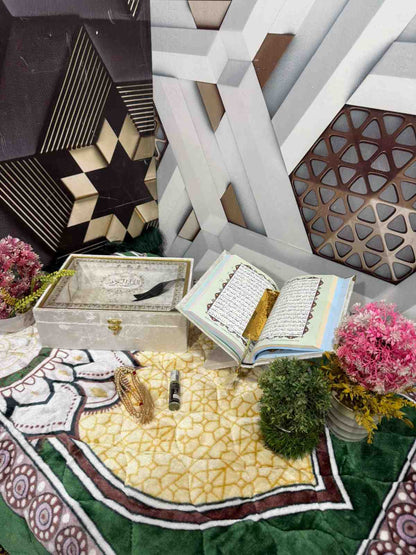 Premium Bridal Quran Gift Set Ofwhite color Transparent Set, Velvet Holly Quran, Book Mark,  Velvet Box, Velvet  Rahal, Ittar, Tasbeeh