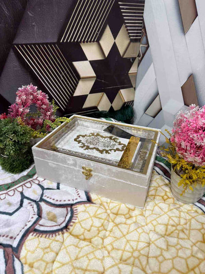 Premium Bridal Quran Gift Set Ofwhite color Transparent Set, Velvet Holly Quran, Book Mark,  Velvet Box, Velvet  Rahal, Ittar, Tasbeeh