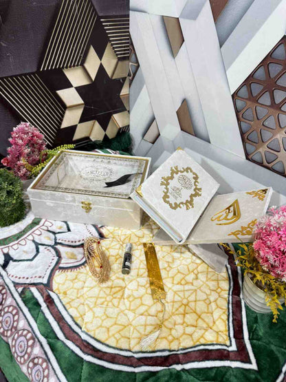 Premium Bridal Quran Gift Set Ofwhite color Transparent Set, Velvet Holly Quran, Book Mark,  Velvet Box, Velvet  Rahal, Ittar, Tasbeeh
